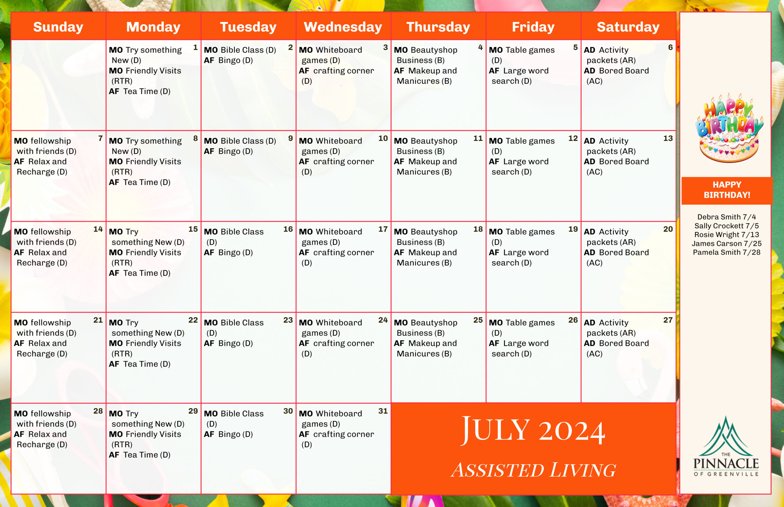 The Pinnacle of Greenville - Assisted Living and Memory Care - Assisted Living Calendar