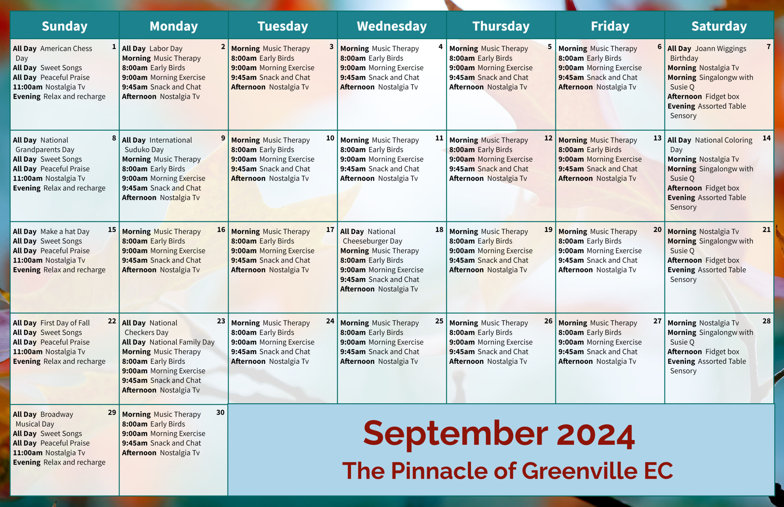 The Pinnacle of Greenville - Assisted Living and Memory Care - Enhanced Care Calendar