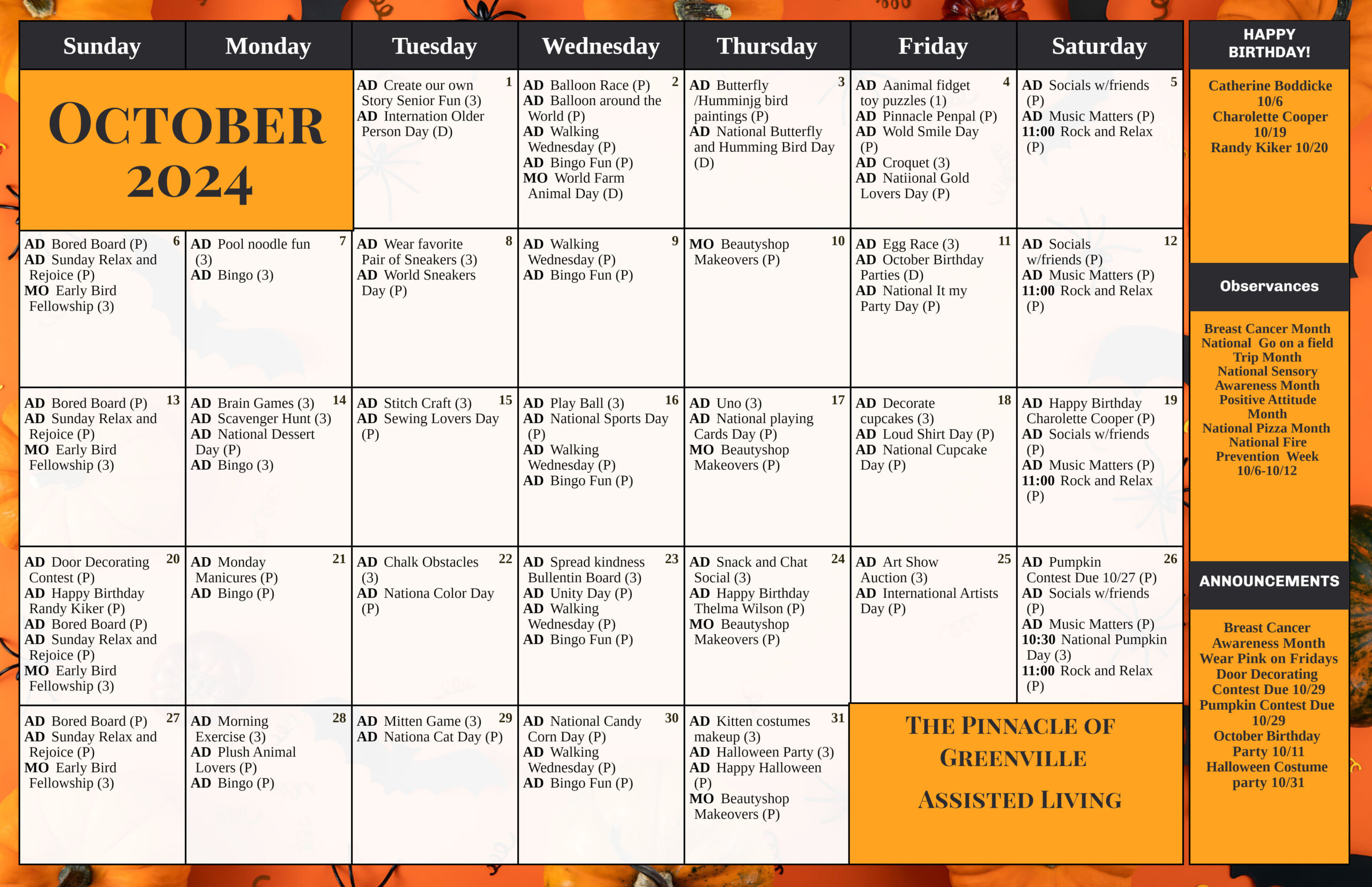 The Pinnacle of Greenville - Assisted Living and Memory Care - Assisted Living Calendar