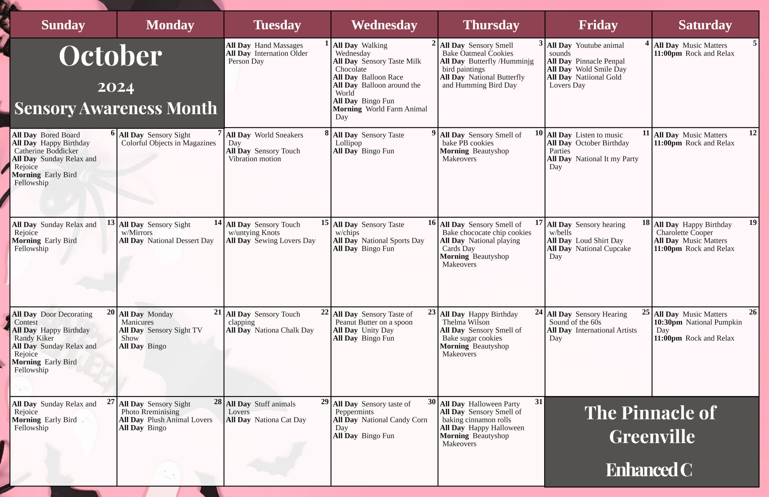 The Pinnacle of Greenville - Assisted Living and Memory Care - Enhanced Care Calendar