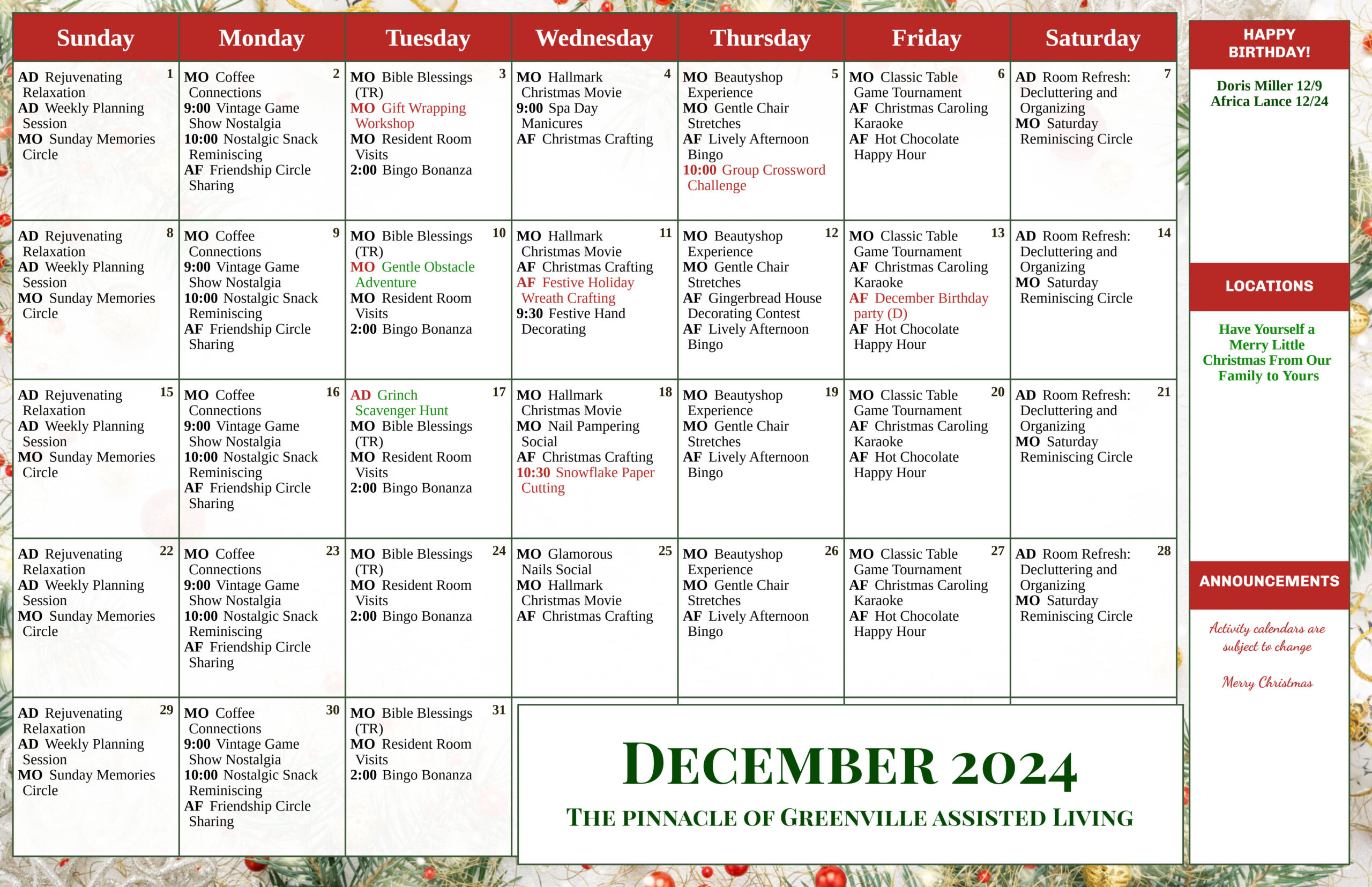 The Pinnacle of Greenville - Assisted Living and Memory Care - Assisted Living Calendar