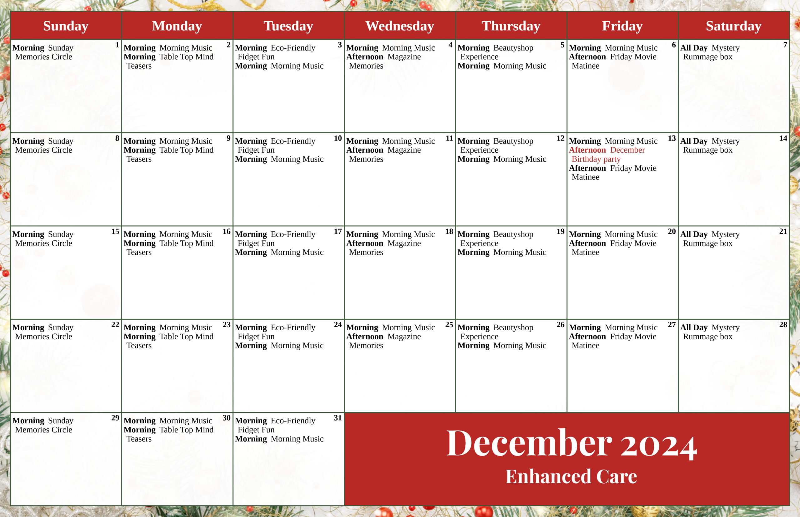 The Pinnacle of Greenville - Assisted Living and Memory Care - Enhanced Care Calendar