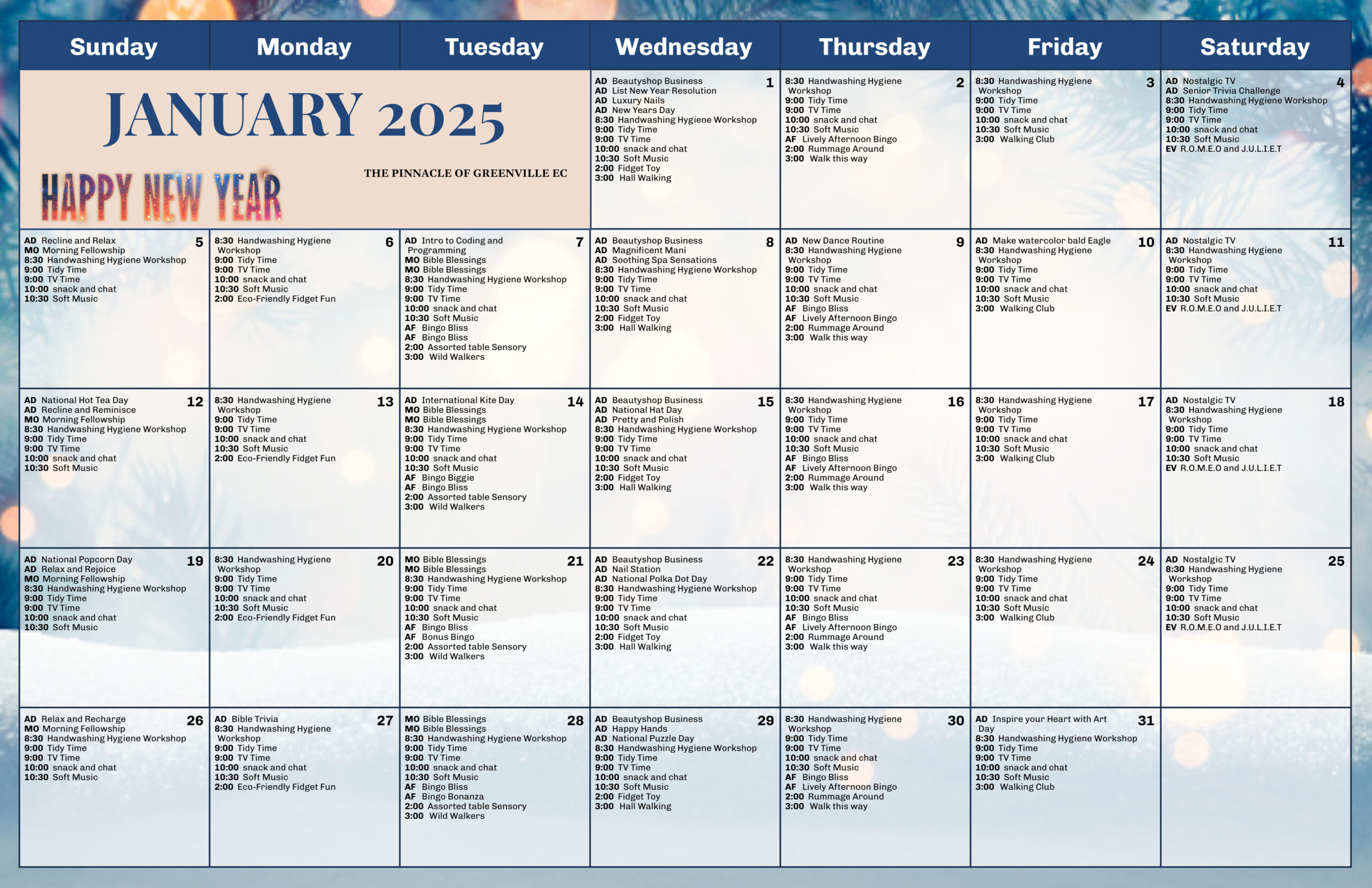 The Pinnacle of Greenville - Assisted Living and Memory Care - Enhanced Care Calendar