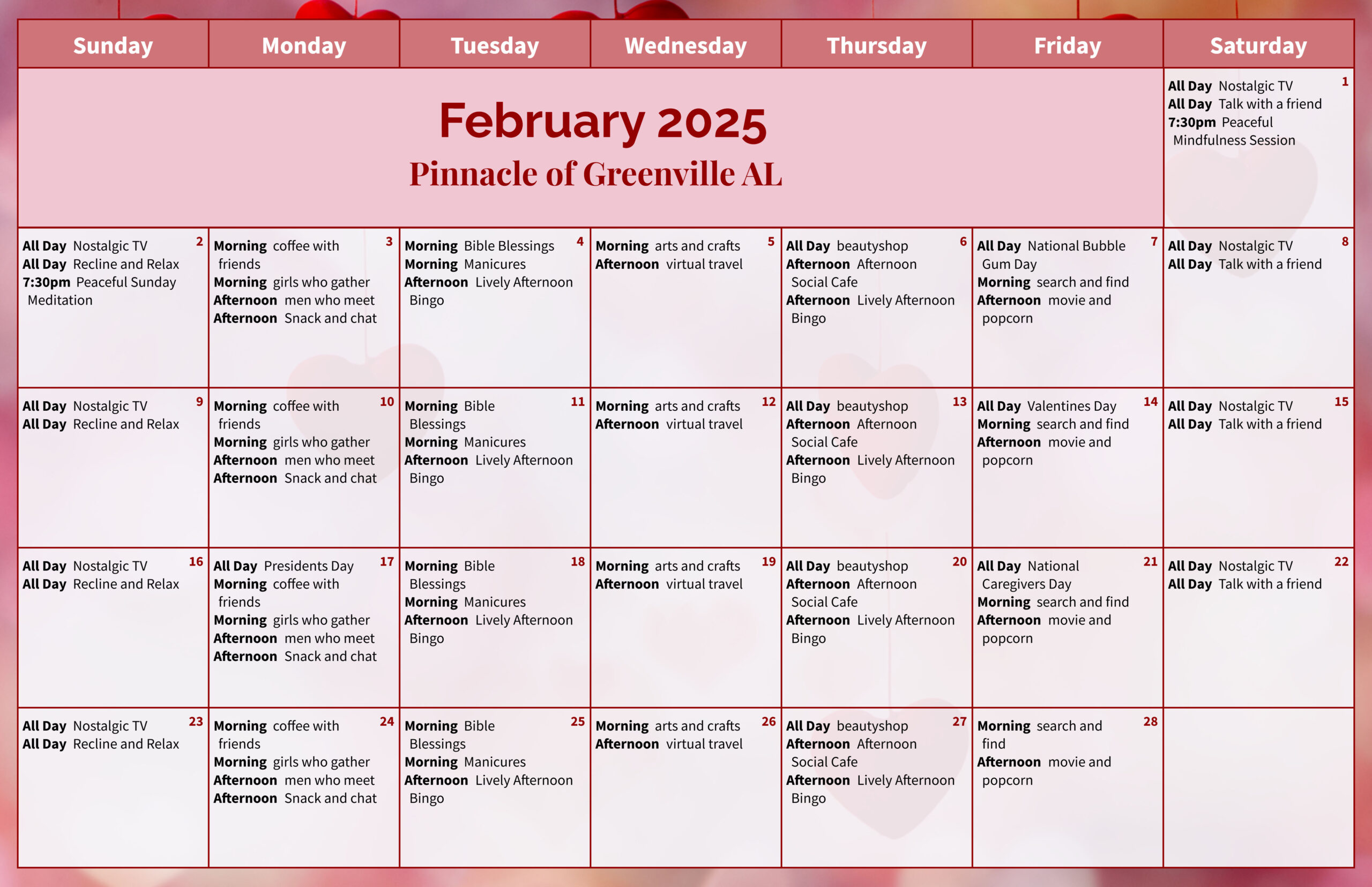 The Pinnacle of Greenville - Assisted Living and Memory Care - Assisted Living Calendar