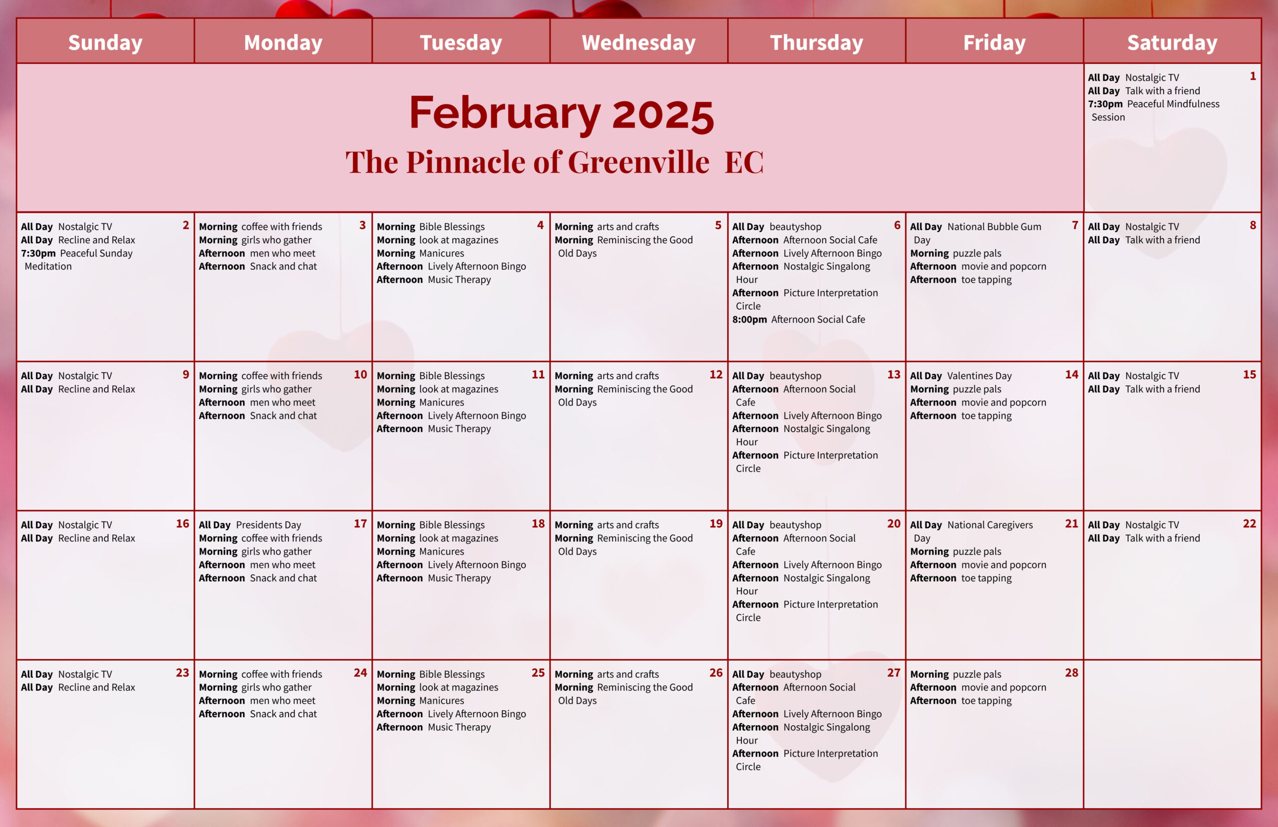 The Pinnacle of Greenville - Assisted Living and Memory Care - Enhanced Care Calendar